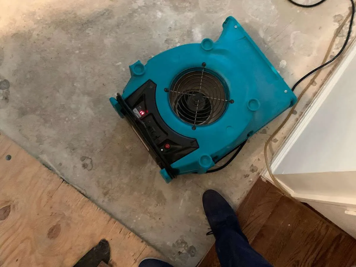 Air mover drying subfloor during Leak Detection & Repair in East Hanover